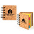 A cork sticky notes book with colorful sticky notes inside, featuring a logo on the cover.