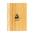 A bamboo notebook featuring a wooden cover and a logo on the front. It's sleek and eco-friendly in design.