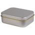 A silver rectangular tin with a gold rim, suitable for packaging pens or other small items.