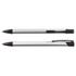 A black and silver metal pen with a sleek design, featuring a clip and a logo on the barrel.
