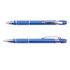 A metallic blue pen with chrome accents and a textured grip, featuring a clip and a branded logo.
