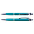 A metal pen in teal with chrome accents, featuring a textured grip and a clip for secure attachment.