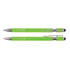 A green pen and stylus set with a shiny silver clip and accents, featuring a sleek design.