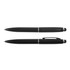 A black metal pen is displayed horizontally, featuring a sleek design with silver accents and a logo.