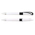 A white plastic pen with a black grip and distinctive hook design. It features a polished silver clip and tip.