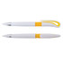 A promotional Hook Pen featuring a white body with yellow accents and chrome detailing. It has a unique hook design.
