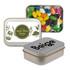A silver rectangular tin containing assorted mini jelly beans in vibrant colors, with a branding logo on one side.