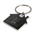 A keytag shaped like a house in black and white, featuring a circular keyring and a logo.