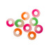 Assorted gummy fruit rings in vibrant colors including pink, green, orange, and clear, shaped like doughnuts.