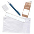 A clear pencil case contains a blue pen, a ruler, a small eraser, and a set of colored pencils in a cardboard holder.