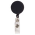 A retractable name badge holder with a black round top and a transparent strap for attaching badges.