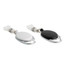 A Premium Retractable ID Badge Holder in black and white with a metal clip and a retractable cord for easy access.