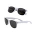 White sunglasses with dark lenses displayed from different angles. Includes a logo on the temple.