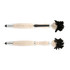 A stylus pen with a beige body and black mop-top design, featuring a silver accent and a branding logo.