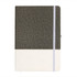 A dark gray notebook with a textured cover, featuring a white bottom section and an elastic band closure.