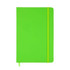 A vibrant green A5 notebook featuring a smooth cover, an elastic band closure, and a ribbon bookmark.