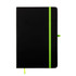 A black A5 notebook with a bright green elastic band and bookmark.