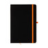 A black A5 notebook with an orange elastic band closure and bookmark.