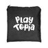 A black drawstring backpack features the text "PLAY TOPIA" in bold, playful white lettering.