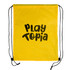 A yellow drawstring backpack featuring the text "PLAY TOPIA" in bold, black lettering.