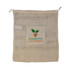 A reusable mesh produce bag in natural color, featuring a logo and a sustainability-themed design.