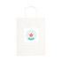 A large white paper bag with a handle and a circular logo featuring a star design.