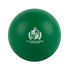 A green round stress ball featuring the logo of Eucalyptus Grove University.