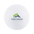 A round stress ball in white with a logo featuring green and blue mountain graphics.