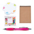 An office gift set including a pink pen, a notepad, jelly beans in a pouch, and a colorful sticky note pad.
