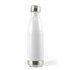 A drink bottle with a sleek white body and a stainless steel bottom, featuring a silver cap.