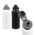 A drink bottle in white and black stainless steel with a grey cap and a logo. Features a vacuum insulated design.