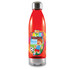 A drink bottle with a bright red body, featuring a playful design of a boy playing soccer and a logo.