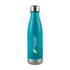 A drink bottle in bright turquoise with a stainless steel base and a logo on its surface.