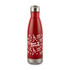 A drink bottle in red stainless steel featuring decorative musical notes and a logo on the surface.