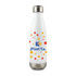 A drink bottle in white with colourful geometric patterns and a stainless steel base, featuring a logo.