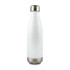 A drink bottle in white stainless steel with a silver base and a metallic cap, featuring a logo.