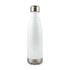 A drink bottle with a sleek white body and a stainless steel bottom, featuring a metallic cap.