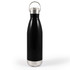 A drink bottle with a sleek black exterior, stainless steel bottom, and a metal hanger lid.