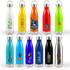 A collection of colorful drink bottles with various designs and branding, featuring metal and plastic finishes.