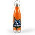 A drink bottle with a silver lid and an orange body featuring a large fish logo.
