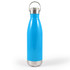 A drink bottle with a vibrant blue exterior and a stainless steel base, featuring a metal hanger lid for easy carrying.