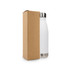 A drink bottle in white with a stainless steel lid, presented alongside a brown cardboard box.