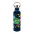 A drink bottle in navy blue, featuring a floral design and a metal cap, with a logo on the front.