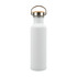 A drink bottle made of recycled aluminum with a white finish and a wooden top.