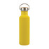 A drink bottle made of recycled aluminium, featuring a vibrant yellow finish and a metal lid with a cork accent.