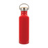 A drink bottle made from recycled aluminum, featuring a vibrant red finish and a cork lid with a metal handle.
