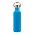 A drink bottle made of recycled aluminum, featuring a vibrant blue finish and a metal lid with a wooden accent.