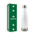 A drink bottle made of recycled aluminium, featuring a white body and a stainless steel base, with a branded box.