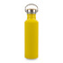 A drink bottle in bright yellow with a metal lid and wooden stopper. It features a logo on the side.