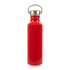 A drink bottle in a vibrant red finish with a stainless steel lid and a wooden handle. It features a logo.